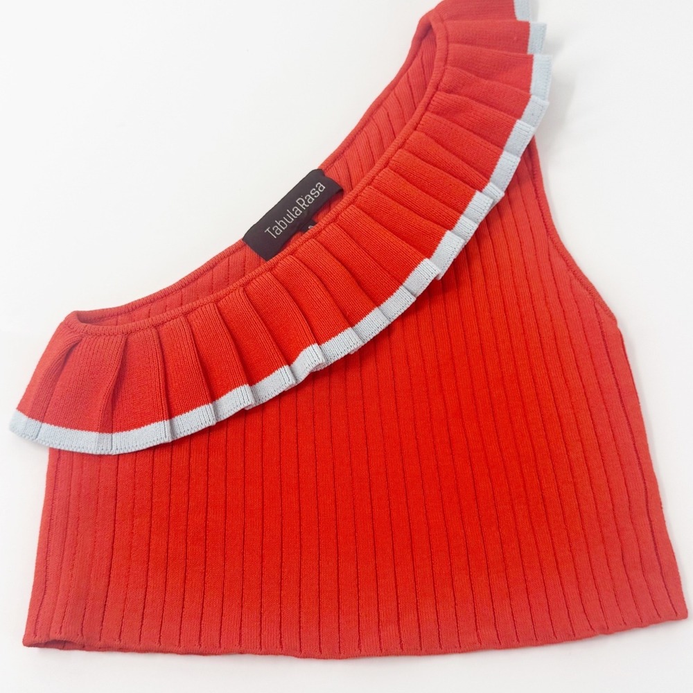 Tabula Rasa One Shoulder Ruffle Knit Crop Top Orange Red Ribbed Size S - Picture 2 of 8
